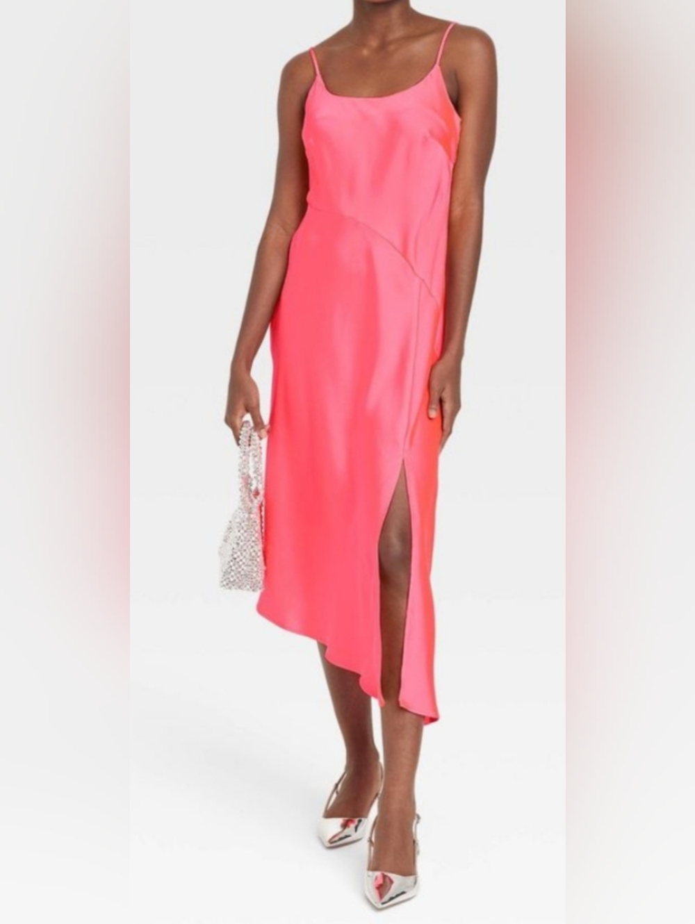 NEW Women's Midi Slip Dress Asymmetric A New Day Neon Pink size XS